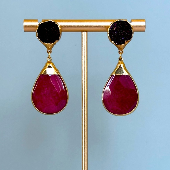 NEW 18K Gold Strawberry Quartz & Purple Drusy Drop Party Earrings